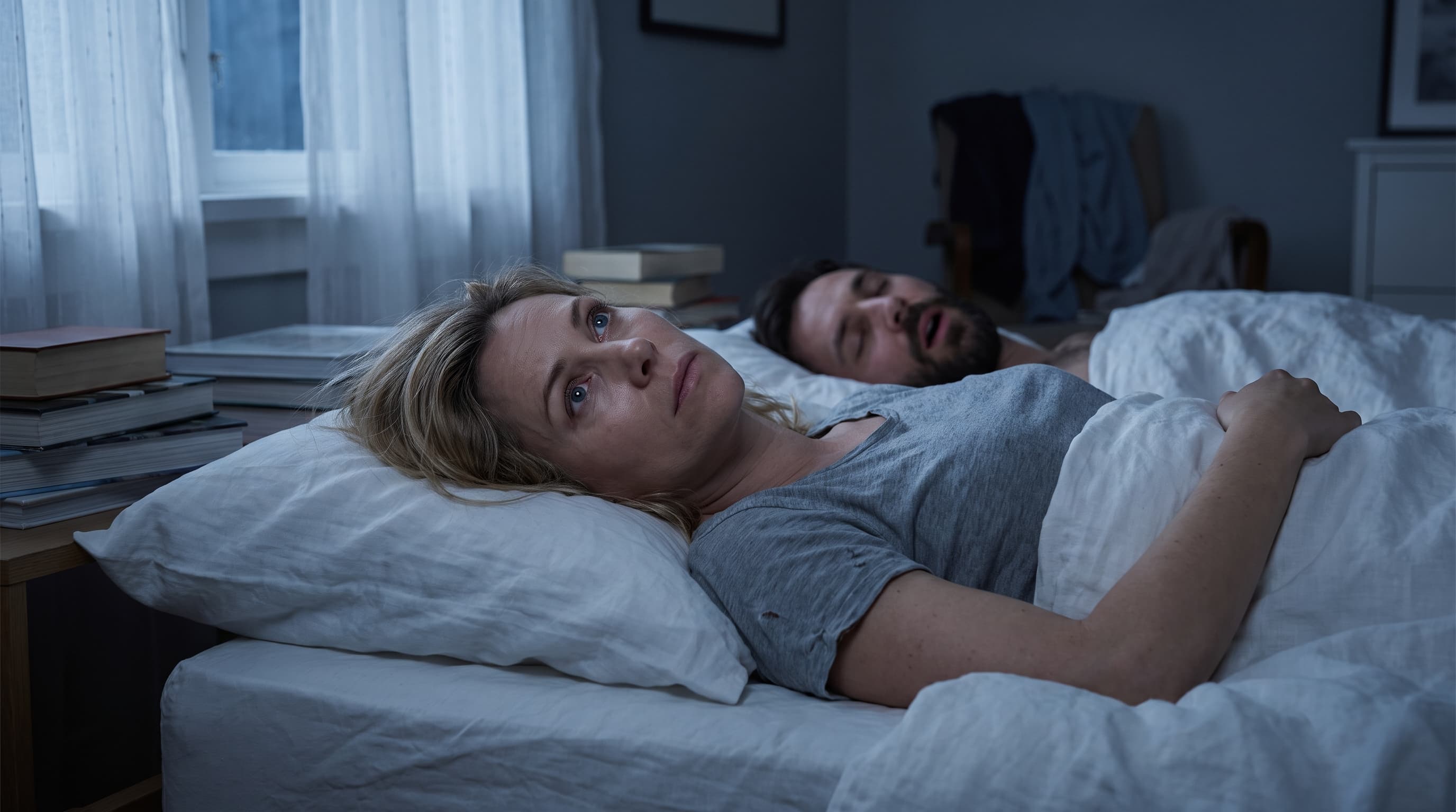Kvinna vaken i sängen, månsken, partner sover bakom henne