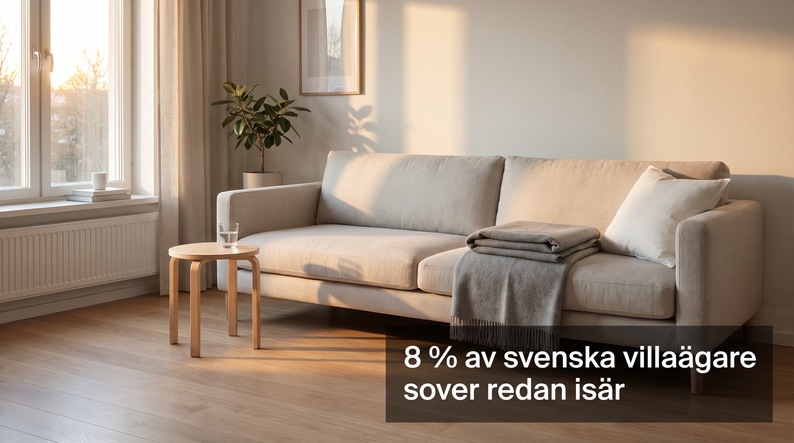 Soffa med filt och kudde i skandinaviskt vardagsrum, gryningsljus