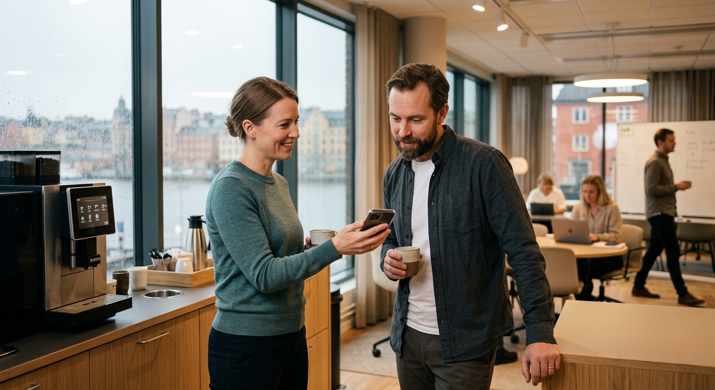 Sara visar Markus något på telefonen vid kaffemaskinen