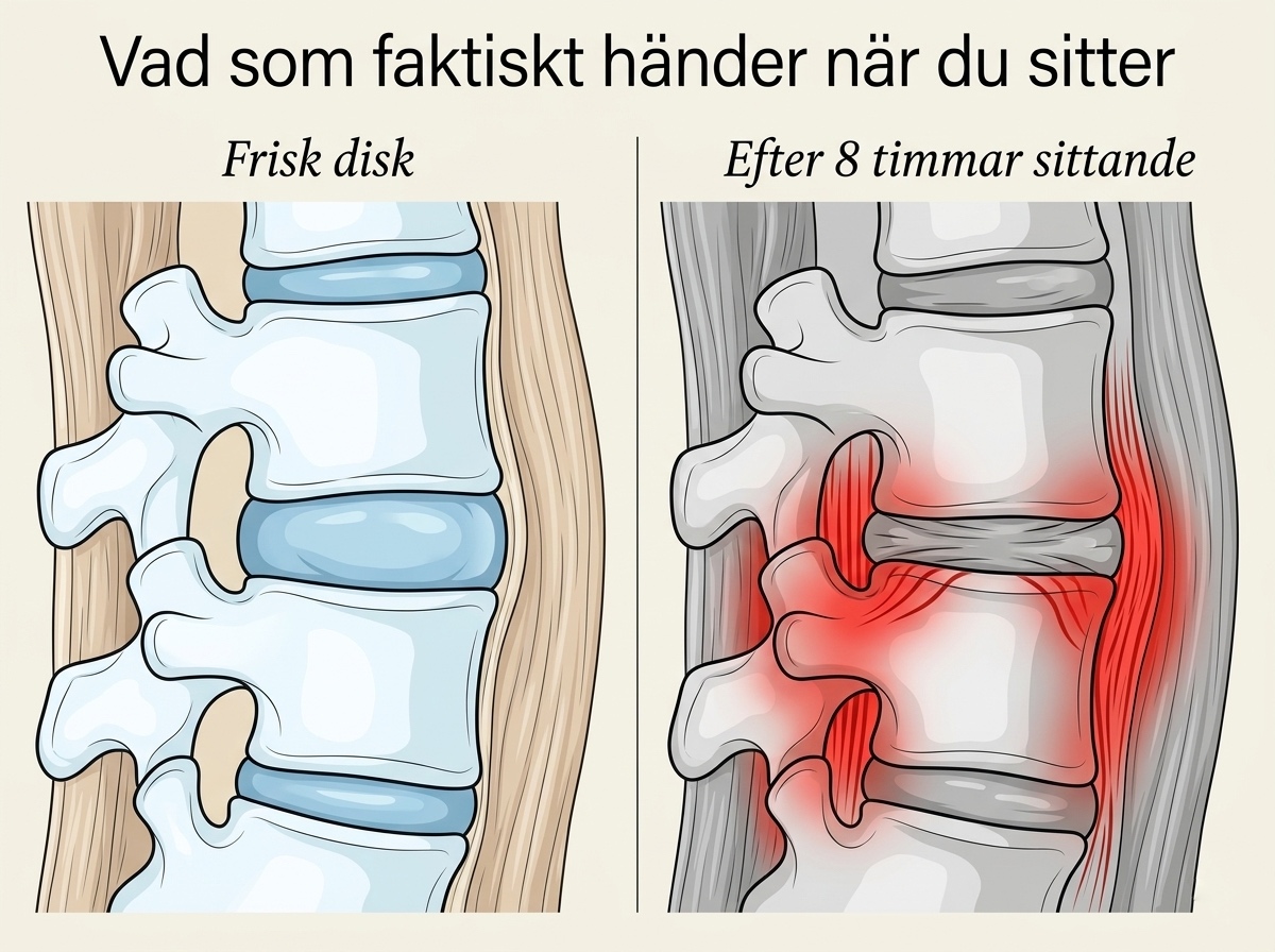 Illustration: frisk disk vs komprimerad disk efter 8 timmar sittande