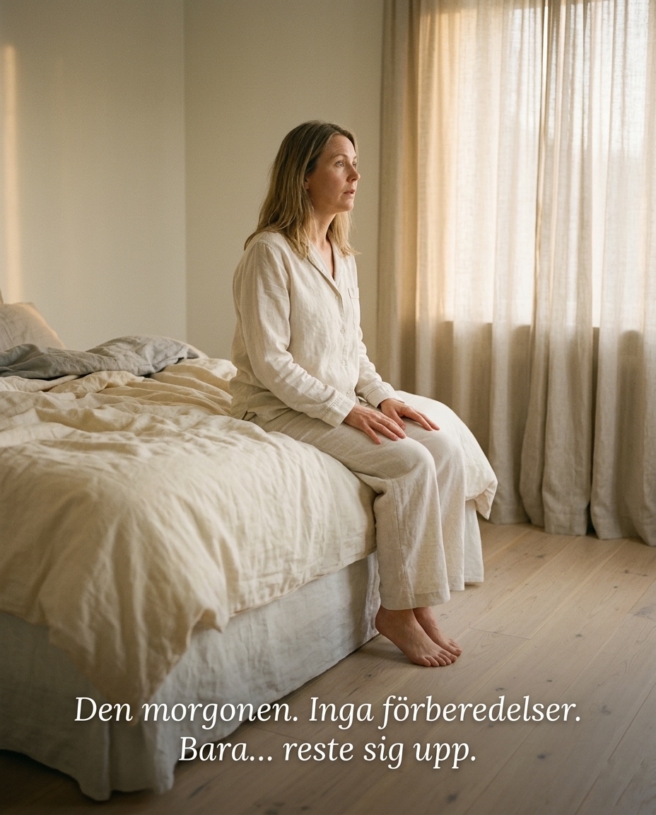 Kvinna sitter på sängkanten på morgonen, lugn och samlad