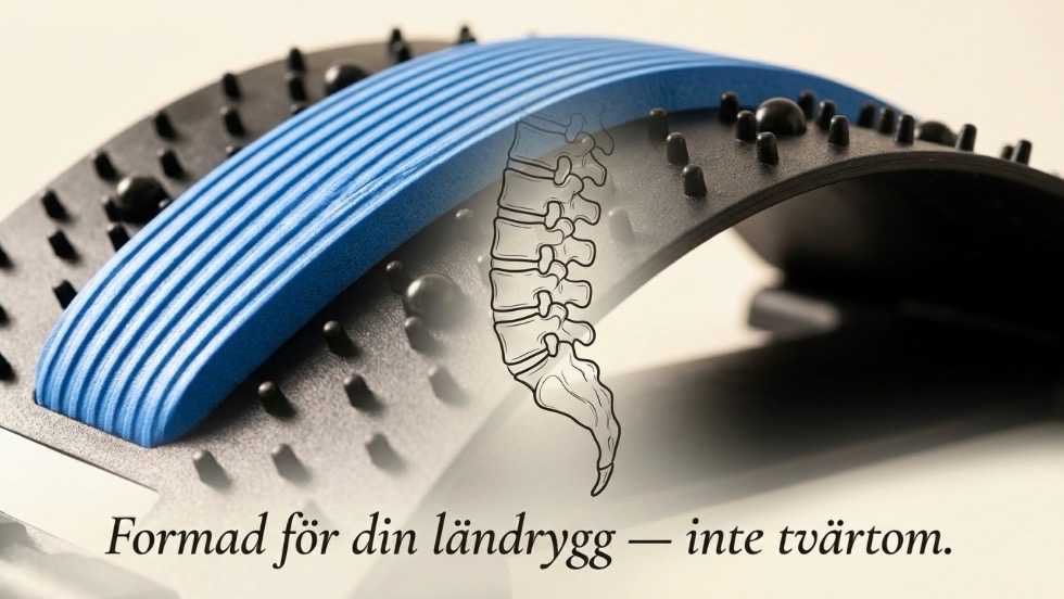 Produktens böjda form med text: Formad för din ländrygg, inte tvärtom