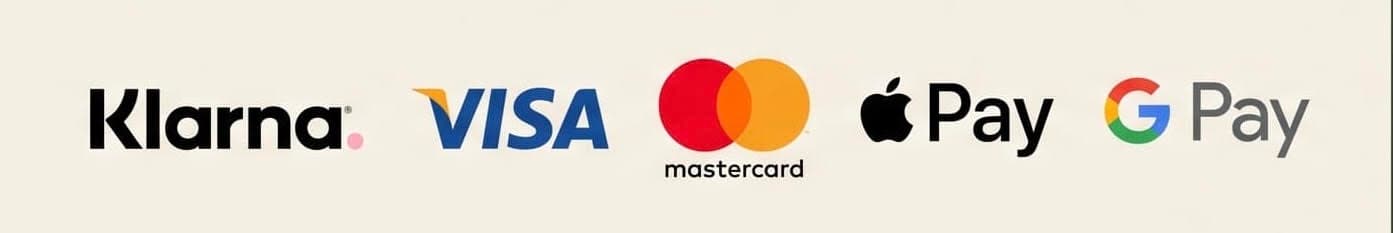 Betalningsmetoder: Klarna, Visa, Mastercard, Apple Pay, Google Pay